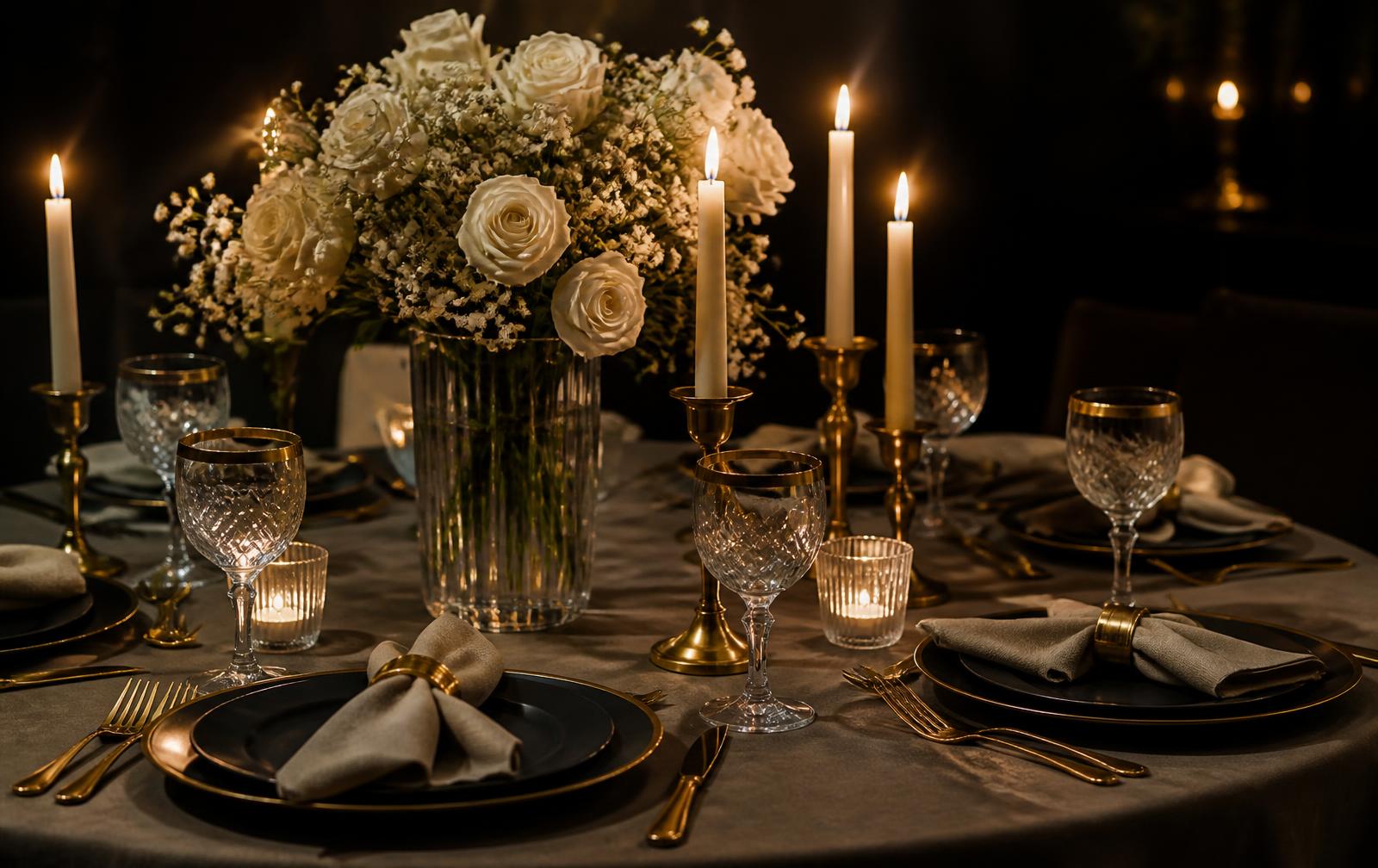 An elegantly prepared table with candles, ivory flowers and gold details